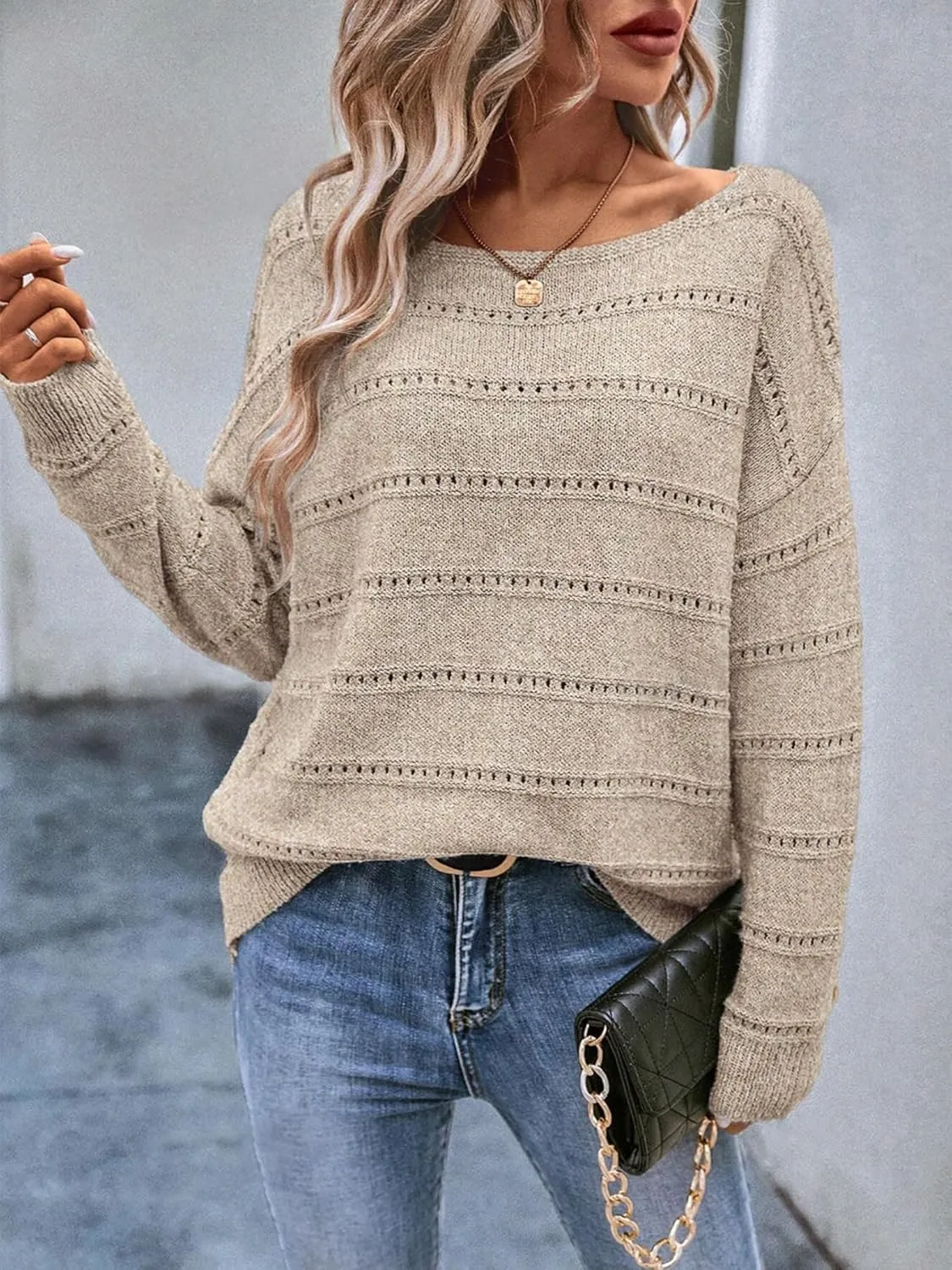 Women's Sweater Soft Boat Neck Hollow Out Long Sleeve Sweater Top Crochet Knit Tops