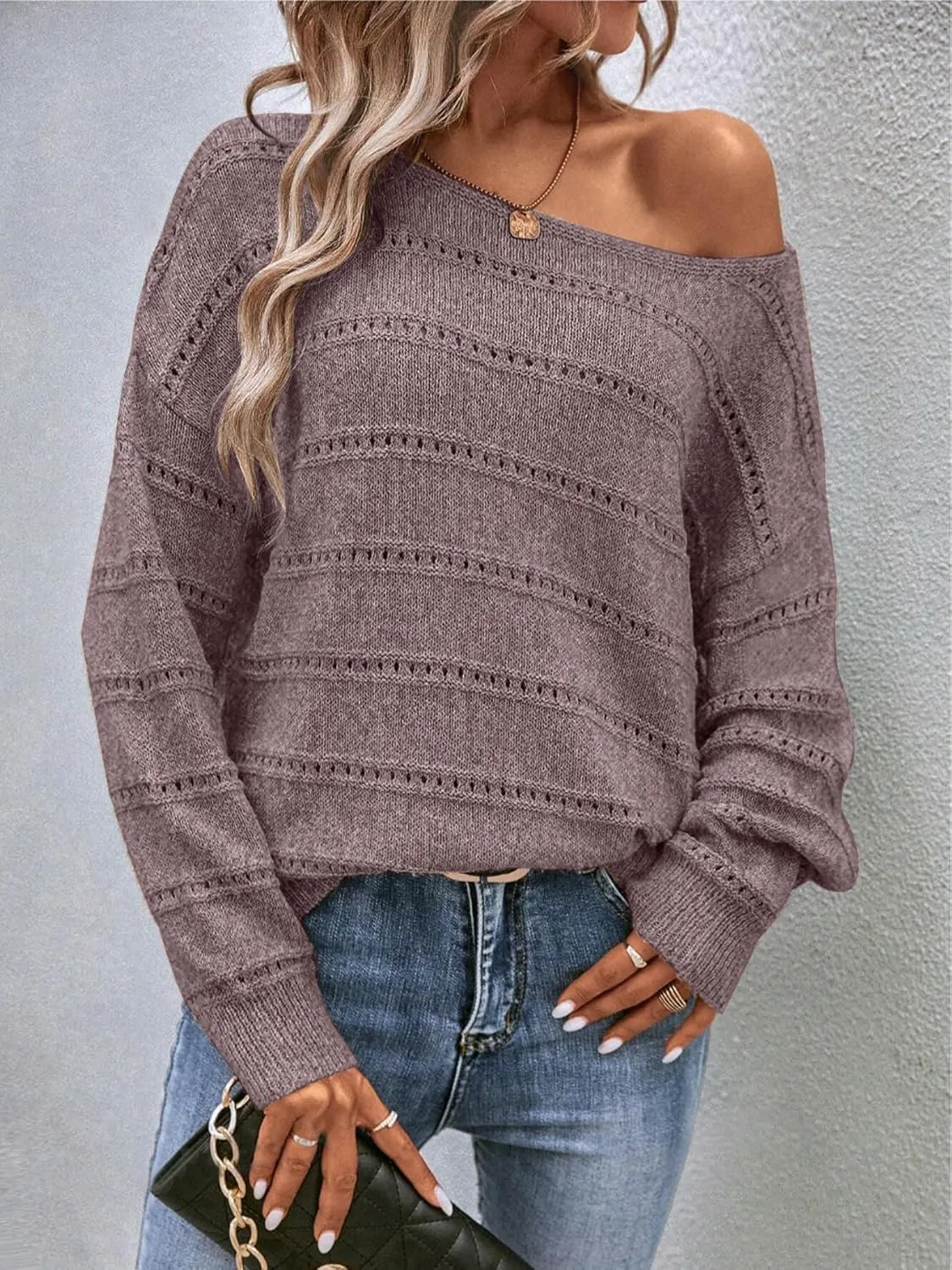 Women's Sweater Soft Boat Neck Hollow Out Long Sleeve Sweater Top Crochet Knit Tops