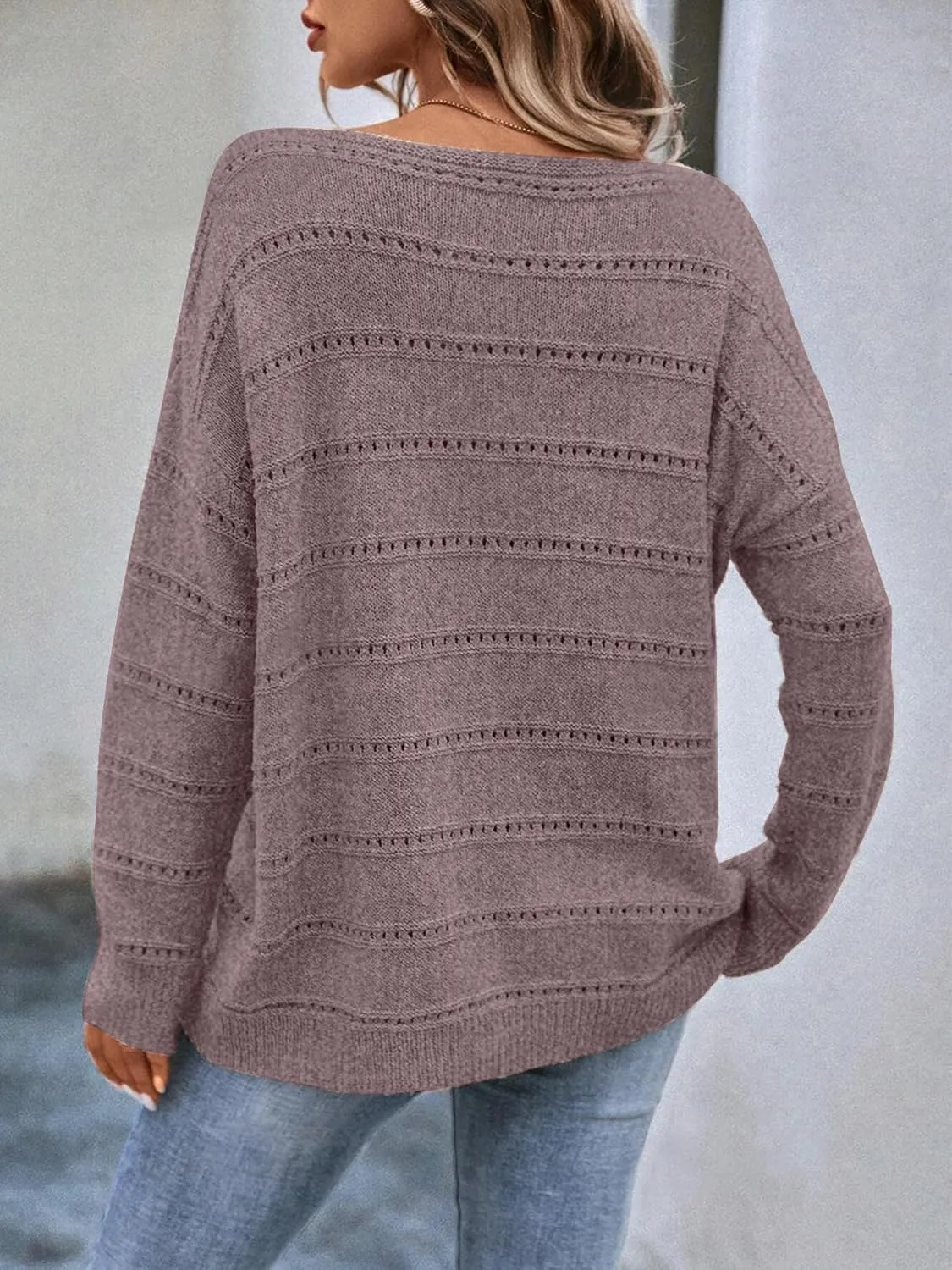 Women's Sweater Soft Boat Neck Hollow Out Long Sleeve Sweater Top Crochet Knit Tops