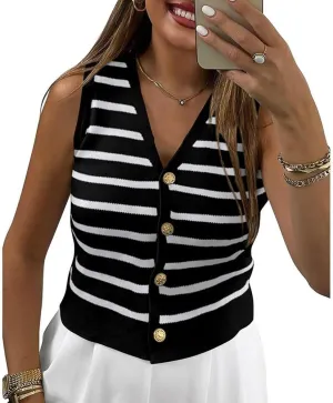 Womens Trendy Striped Knit Tank Tops Sleeveless Button Up Slim Fit V-Neck Vest Casual Summer Waistcoat Cardigan