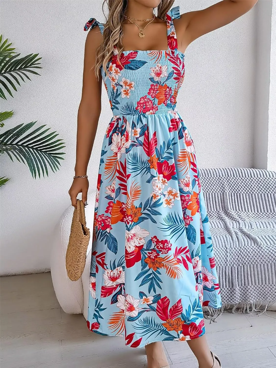 Womens Trendy Summer Dresses Casual Spaghetti Ruffle Maxi Dresses Floral Boho Sundress Corset Vacation Beach Dress
