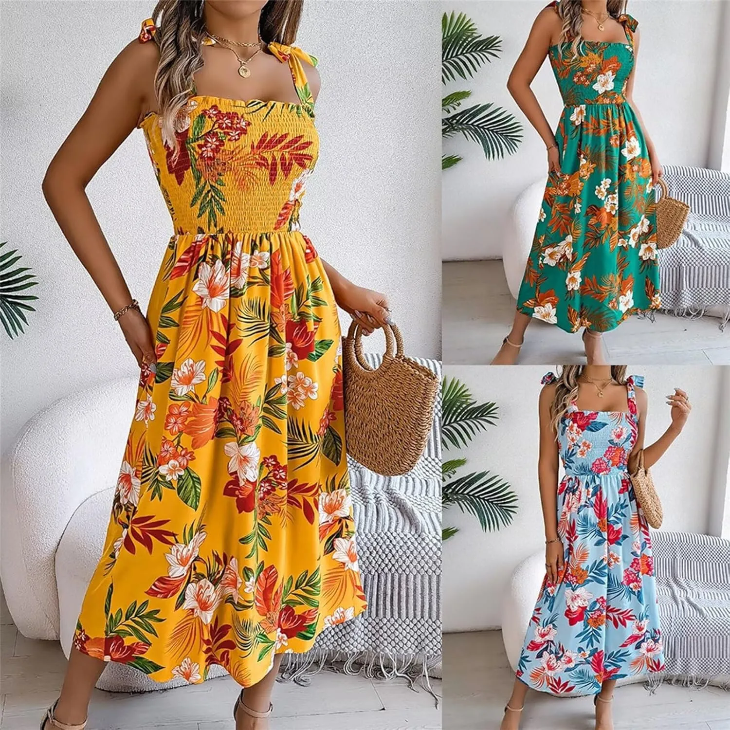 Womens Trendy Summer Dresses Casual Spaghetti Ruffle Maxi Dresses Floral Boho Sundress Corset Vacation Beach Dress