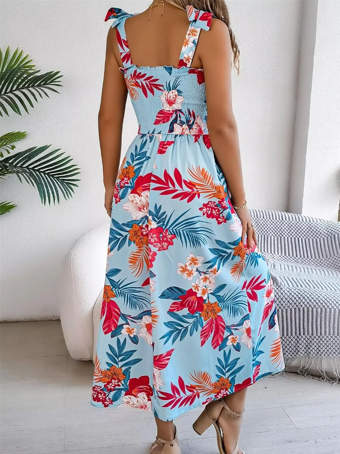 Womens Trendy Summer Dresses Casual Spaghetti Ruffle Maxi Dresses Floral Boho Sundress Corset Vacation Beach Dress