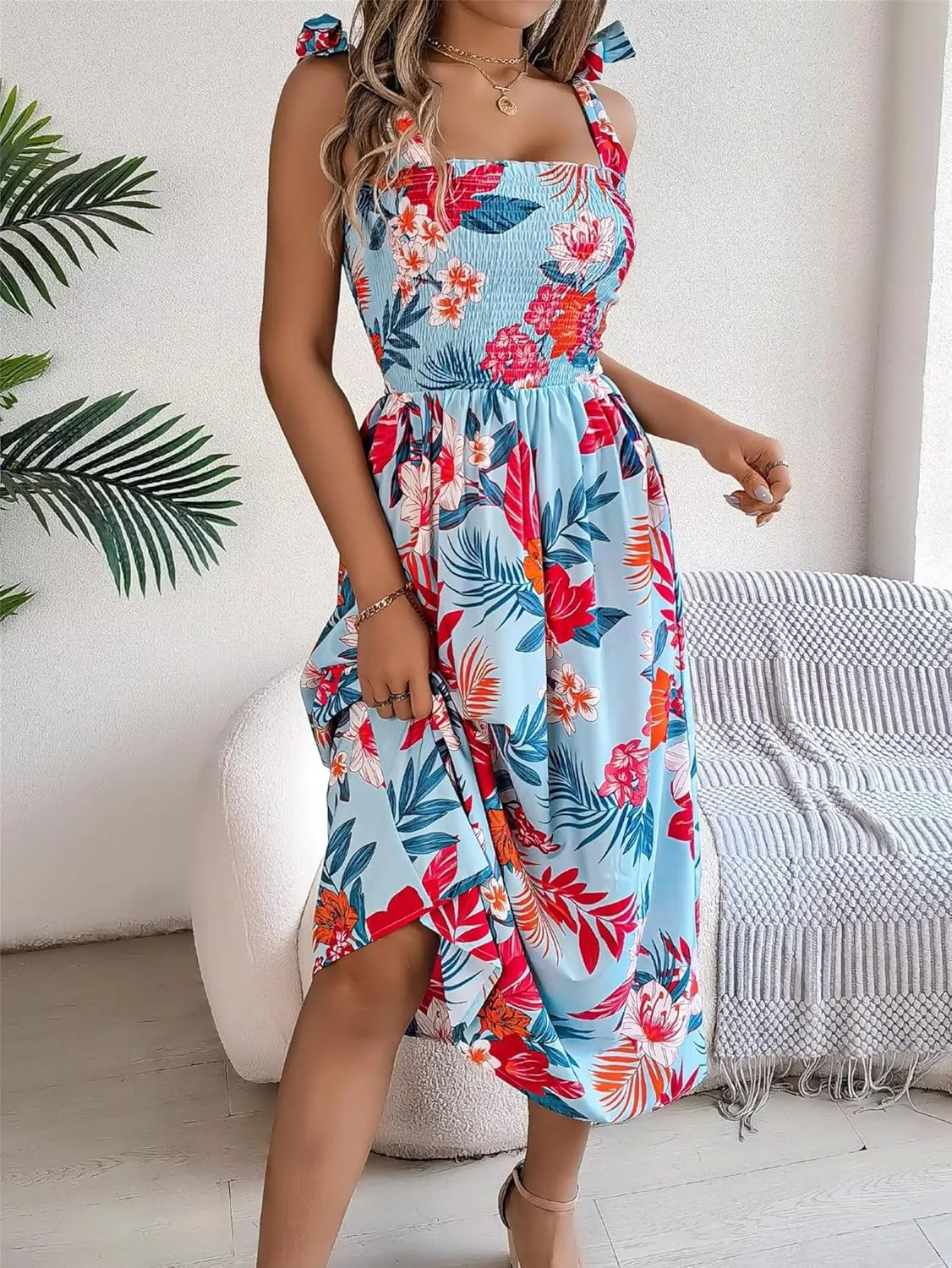 Womens Trendy Summer Dresses Casual Spaghetti Ruffle Maxi Dresses Floral Boho Sundress Corset Vacation Beach Dress