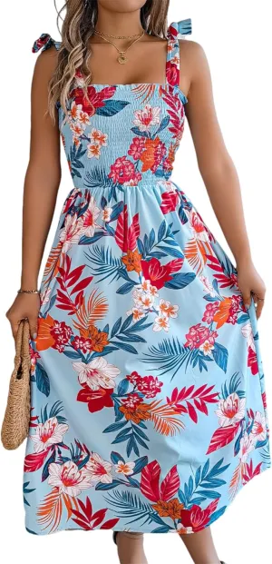 Womens Trendy Summer Dresses Casual Spaghetti Ruffle Maxi Dresses Floral Boho Sundress Corset Vacation Beach Dress