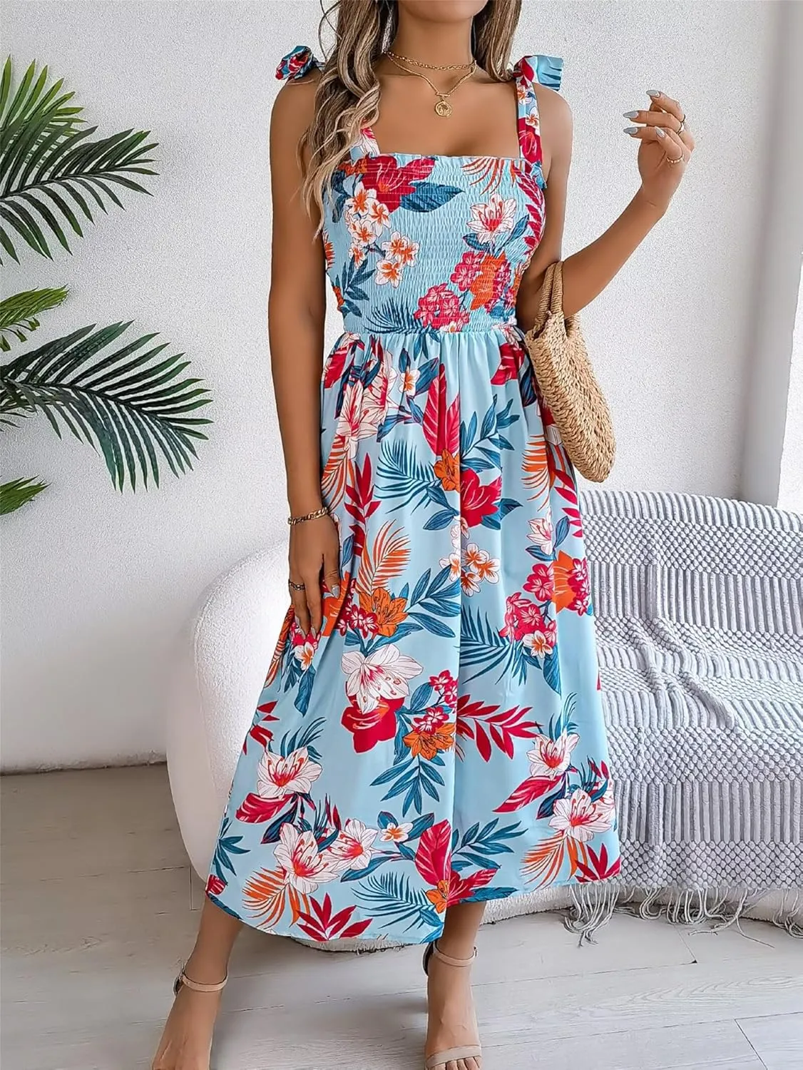 Womens Trendy Summer Dresses Casual Spaghetti Ruffle Maxi Dresses Floral Boho Sundress Corset Vacation Beach Dress