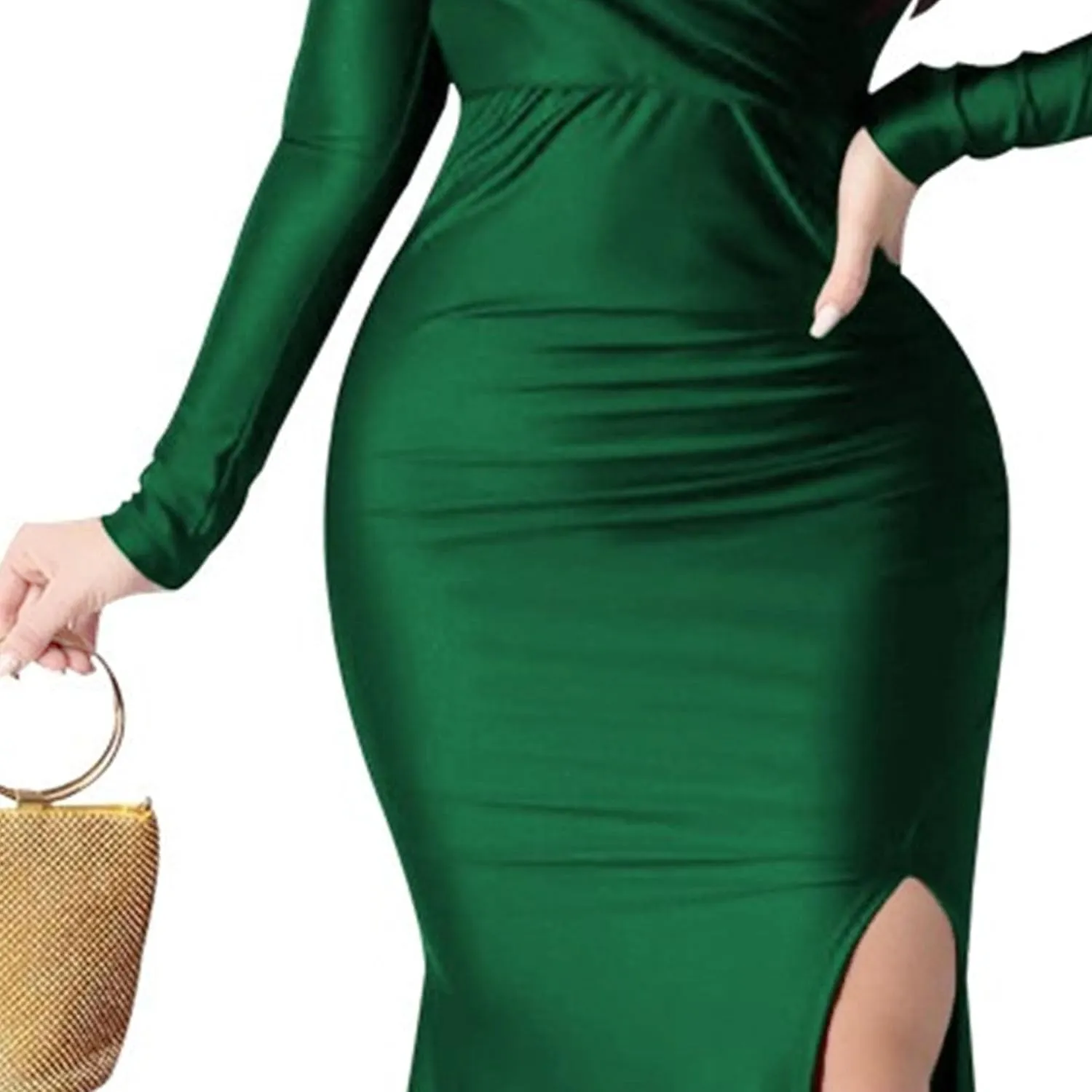 Women's V Neck Off Shoulder Club Party Dress Bodycon Fashion Split Hem Dress Ruched Satin Maxi Dresses