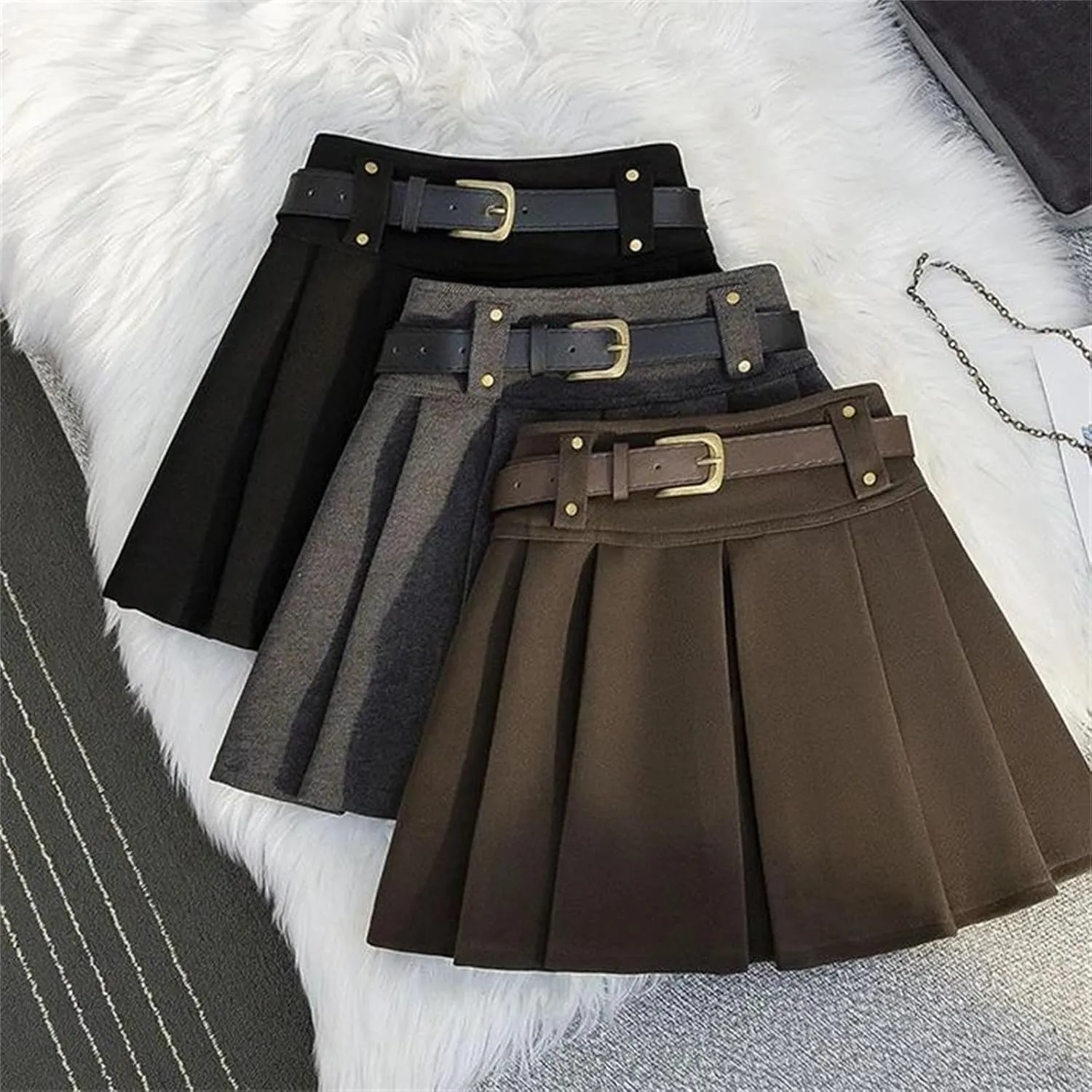 Women's Vintage Mini Skirt  Pleated High Waist with Belt A-Line All-Match Tennis Skirts