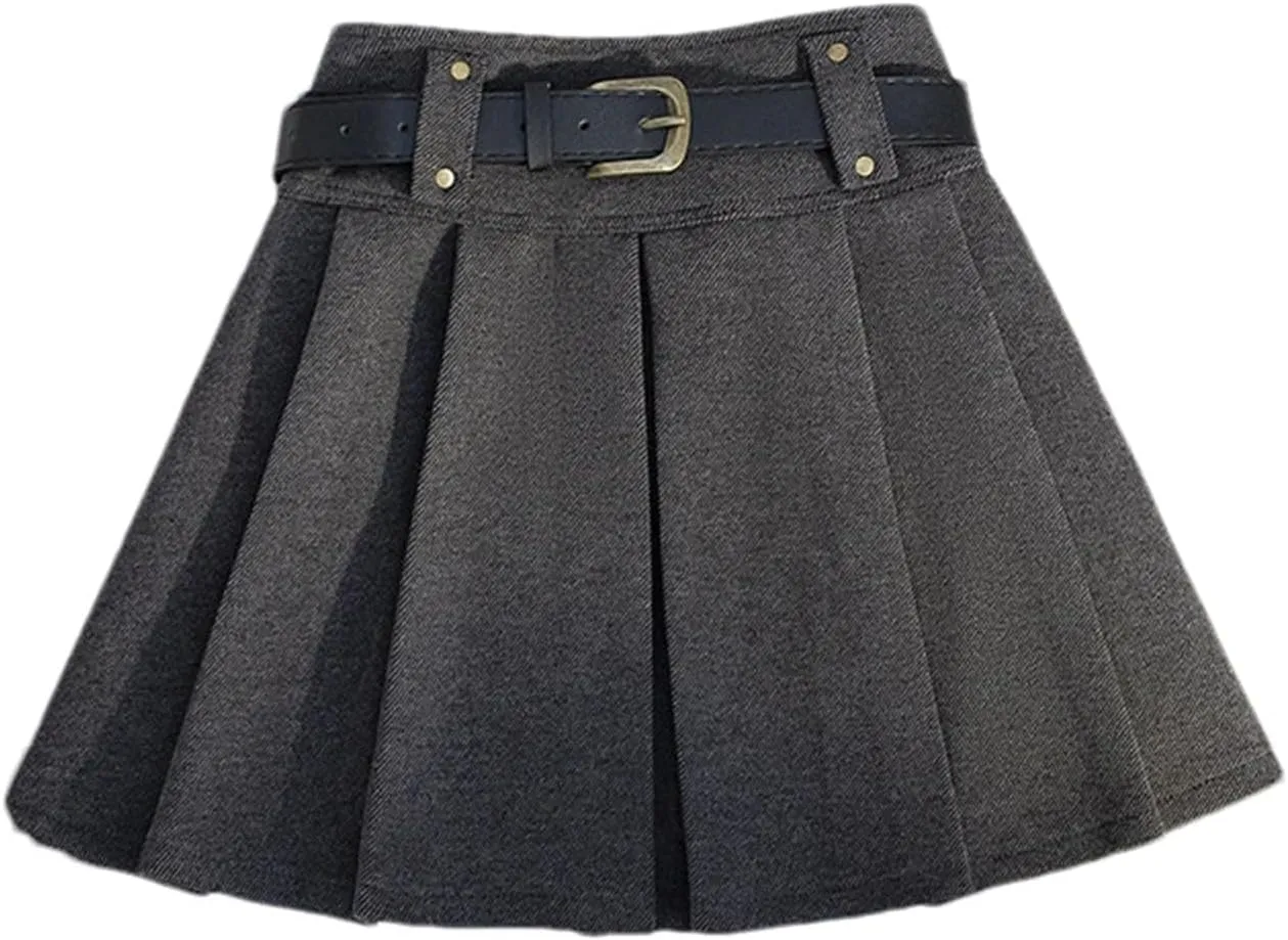 Women's Vintage Mini Skirt  Pleated High Waist with Belt A-Line All-Match Tennis Skirts