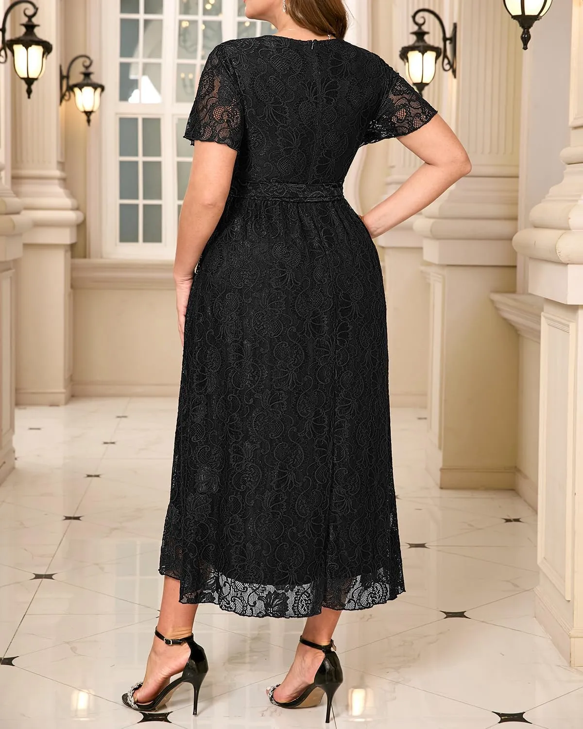 Women's Wedding Guest Plus Size Semi Formal Cocktail Lace Wrap V Neck Short Sleeve Knee Length Dress
