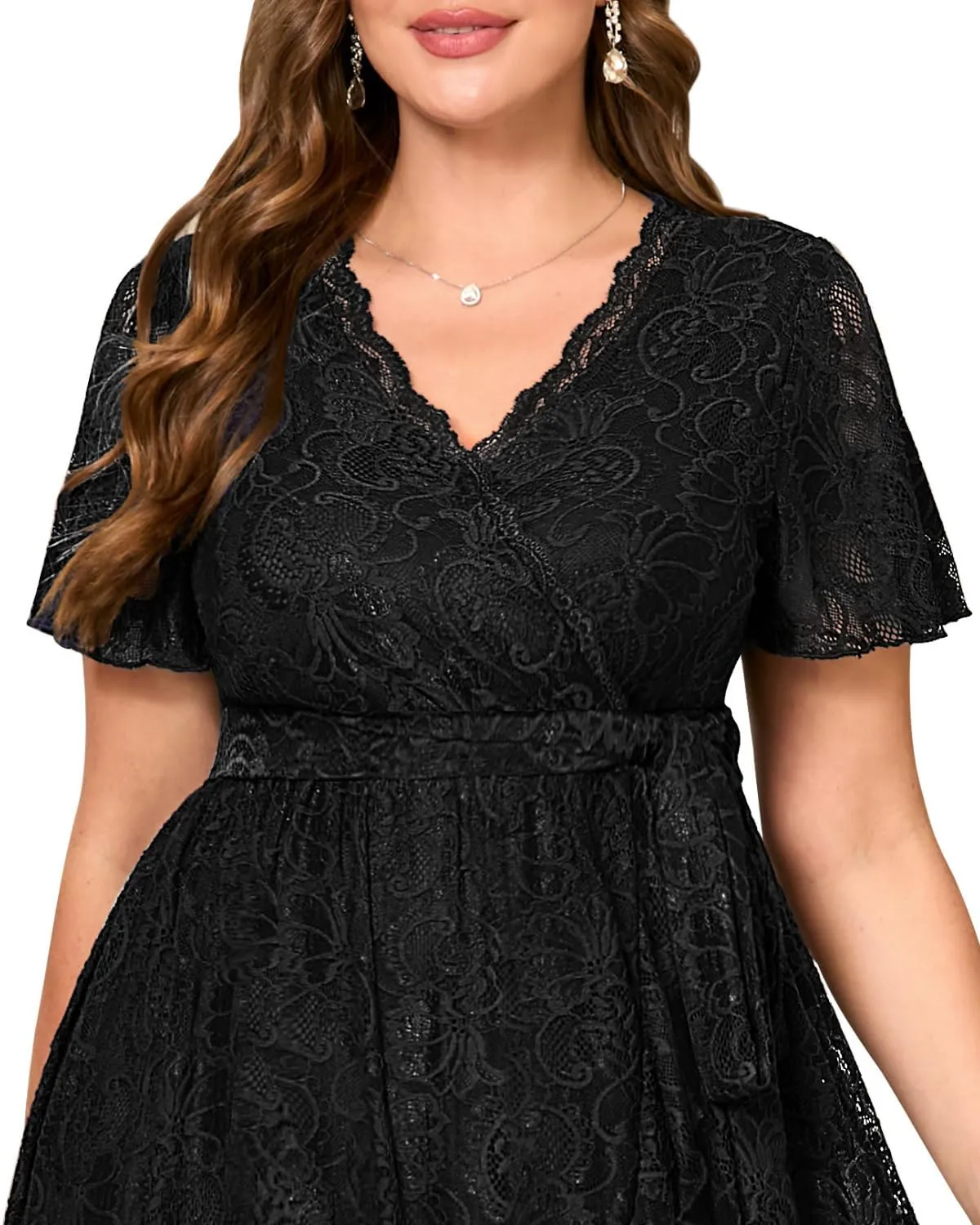 Women's Wedding Guest Plus Size Semi Formal Cocktail Lace Wrap V Neck Short Sleeve Knee Length Dress