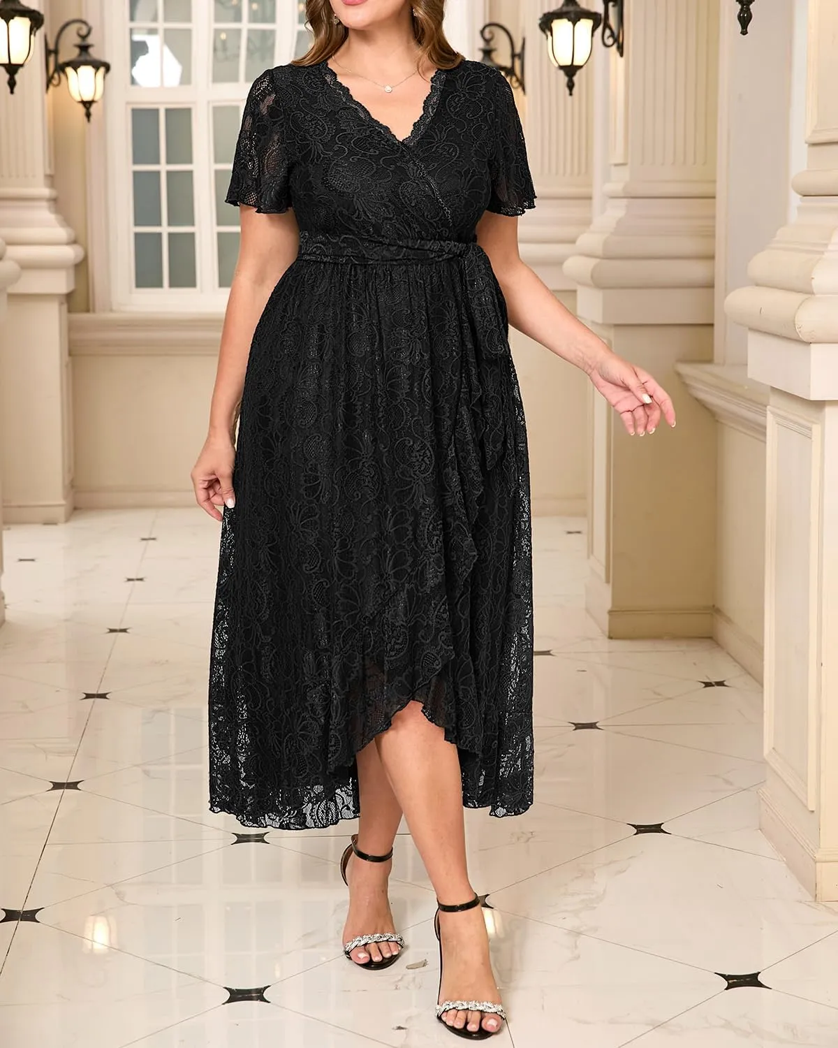 Women's Wedding Guest Plus Size Semi Formal Cocktail Lace Wrap V Neck Short Sleeve Knee Length Dress