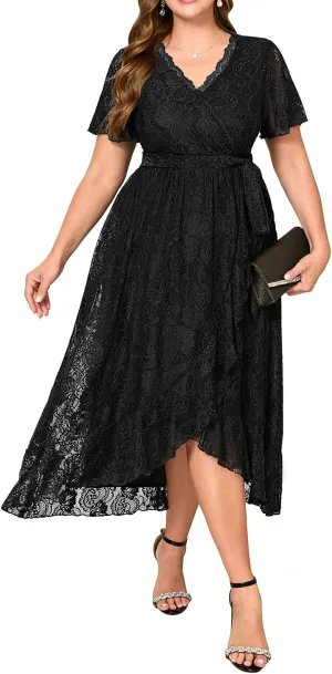 Women's Wedding Guest Plus Size Semi Formal Cocktail Lace Wrap V Neck Short Sleeve Knee Length Dress