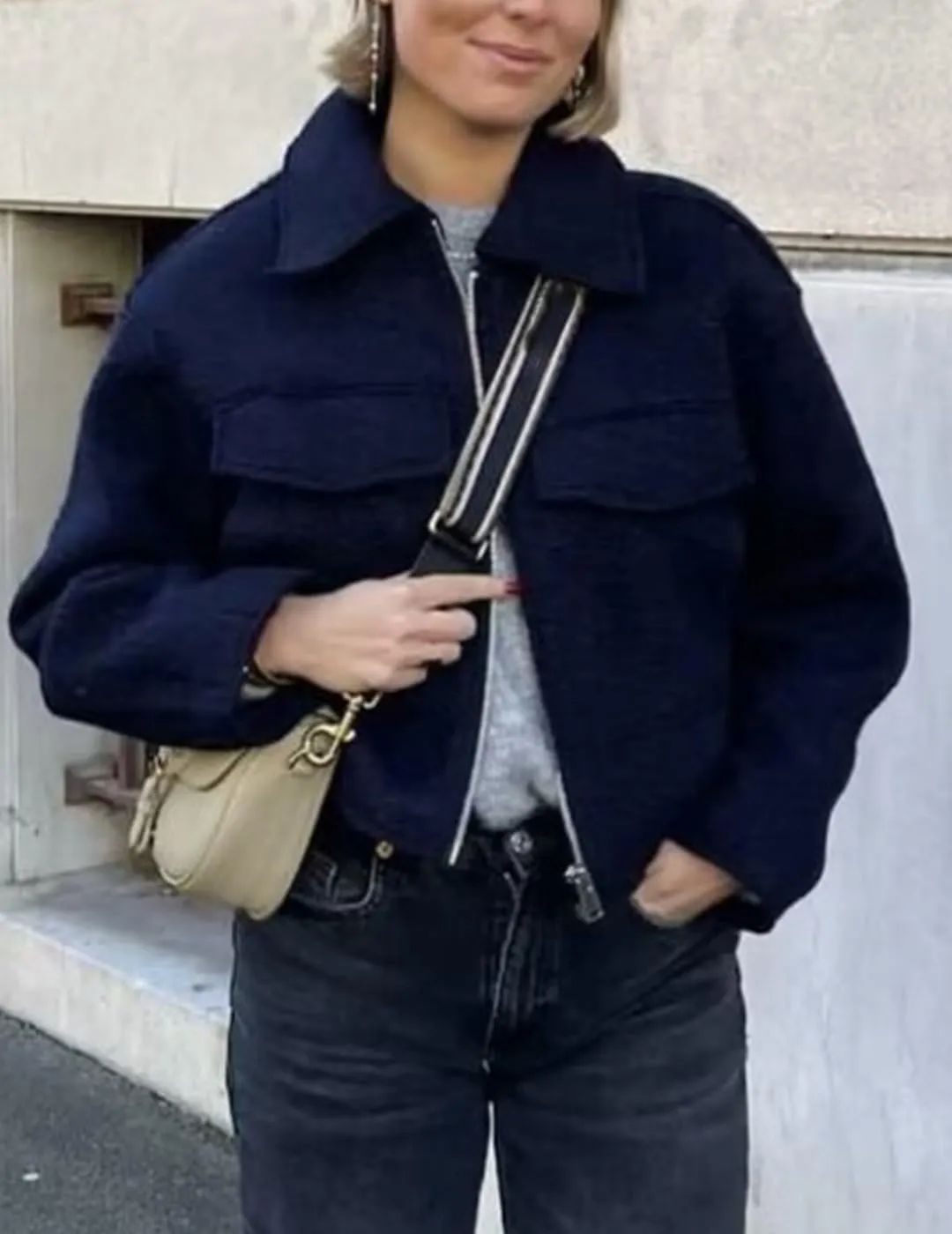 Womens Wool Blend Coat Lapel Zip Up Cropped Bomber Jacket Casual Pea Coat Outerwear with Pockets