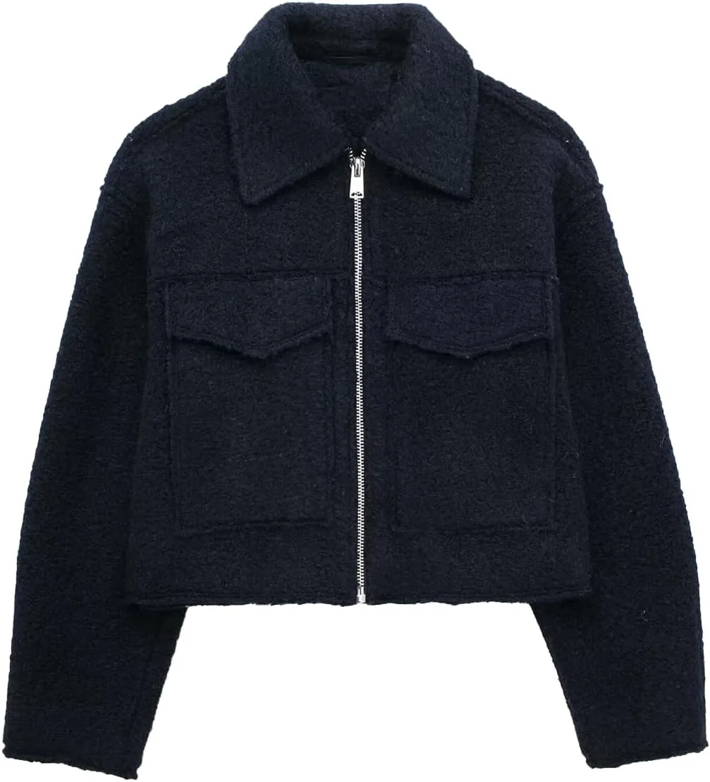Womens Wool Blend Coat Lapel Zip Up Cropped Bomber Jacket Casual Pea Coat Outerwear with Pockets