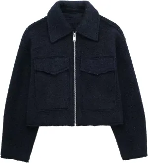 Womens Wool Blend Coat Lapel Zip Up Cropped Bomber Jacket Casual Pea Coat Outerwear with Pockets