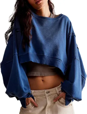 Womens Y2k Cropped Sweatshirts Crew Neck Oversized Sweatshirt Loose Long Sleeve Shirts Going Out Fall Fashion