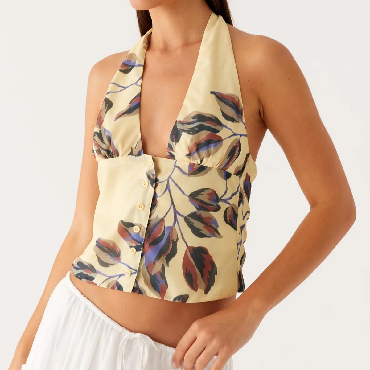 Women's Y2K Halter Crop Top Sexy Deep V Neck Tie Back Button Underbust Corset Tank Top Summer Going Out Vest Shirts