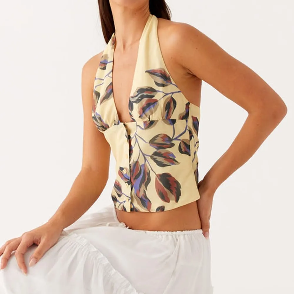 Women's Y2K Halter Crop Top Sexy Deep V Neck Tie Back Button Underbust Corset Tank Top Summer Going Out Vest Shirts