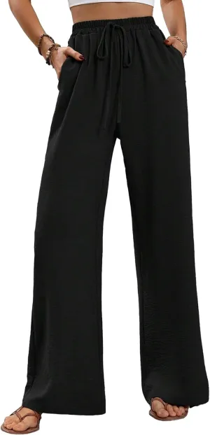 WOWULOVELY Women's High Waisted Wide Leg Long Pants Palazzo Casual Trousers with Pockets