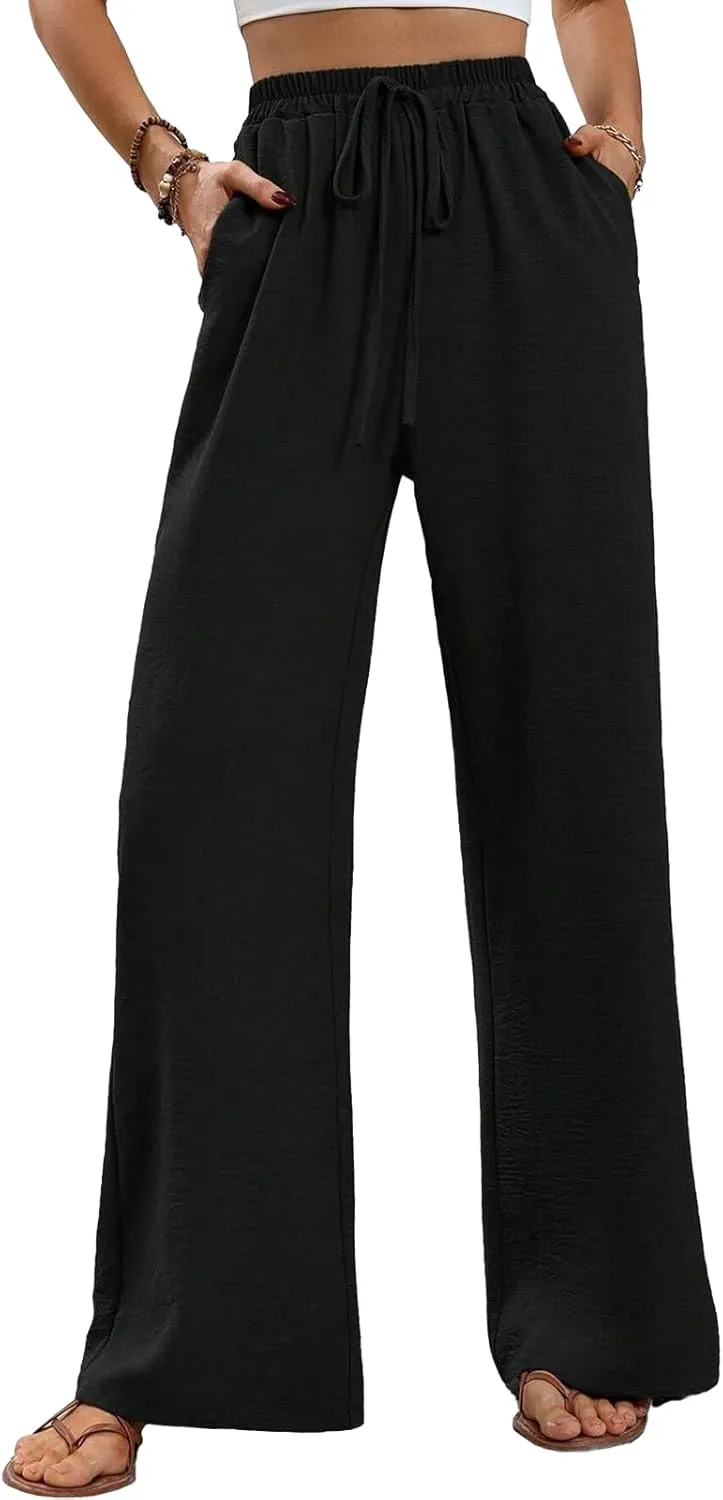 WOWULOVELY Women's High Waisted Wide Leg Long Pants Palazzo Casual Trousers with Pockets