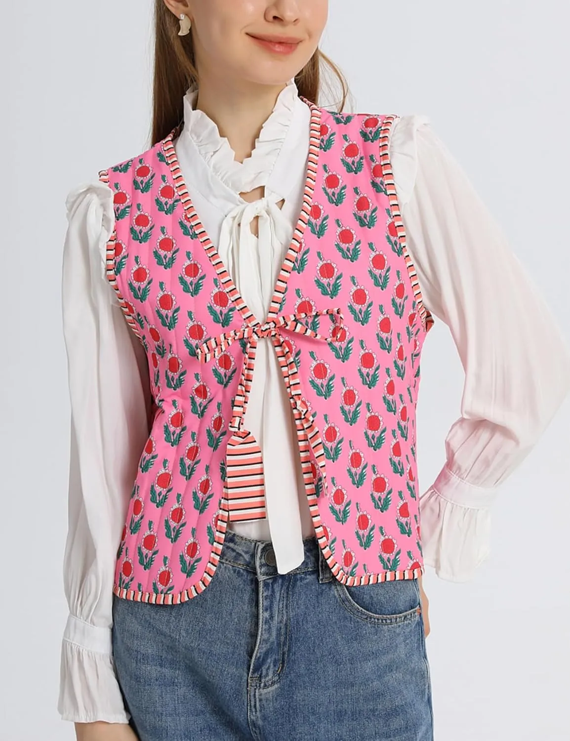 Wyeysyt Women's Cropped Floral Quilted Puffer Vest Printed Lightweight Sleeveless Padded Gilet Outwear