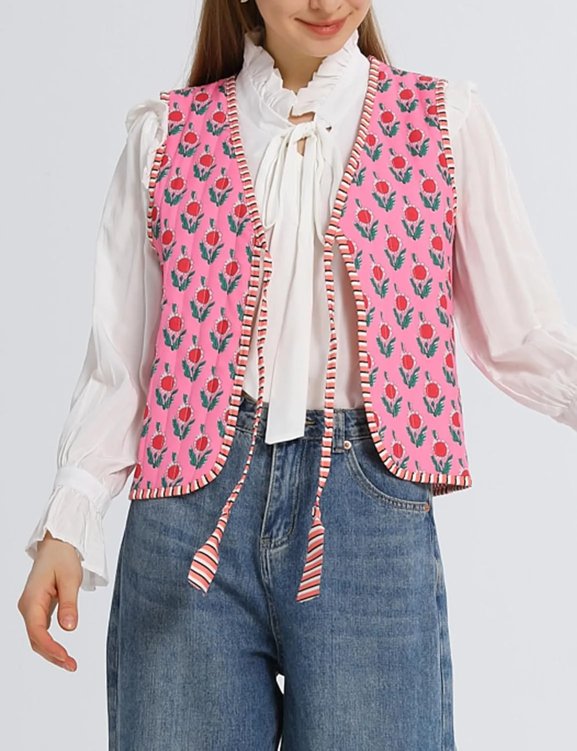 Wyeysyt Women's Cropped Floral Quilted Puffer Vest Printed Lightweight Sleeveless Padded Gilet Outwear