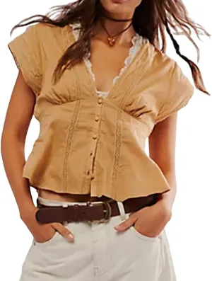 Y2k Button Down Shirts Women Slim Fit Short Sleeve Top Vintage Puff Sleeve Lapel Gingham Summer Going Out Blouse