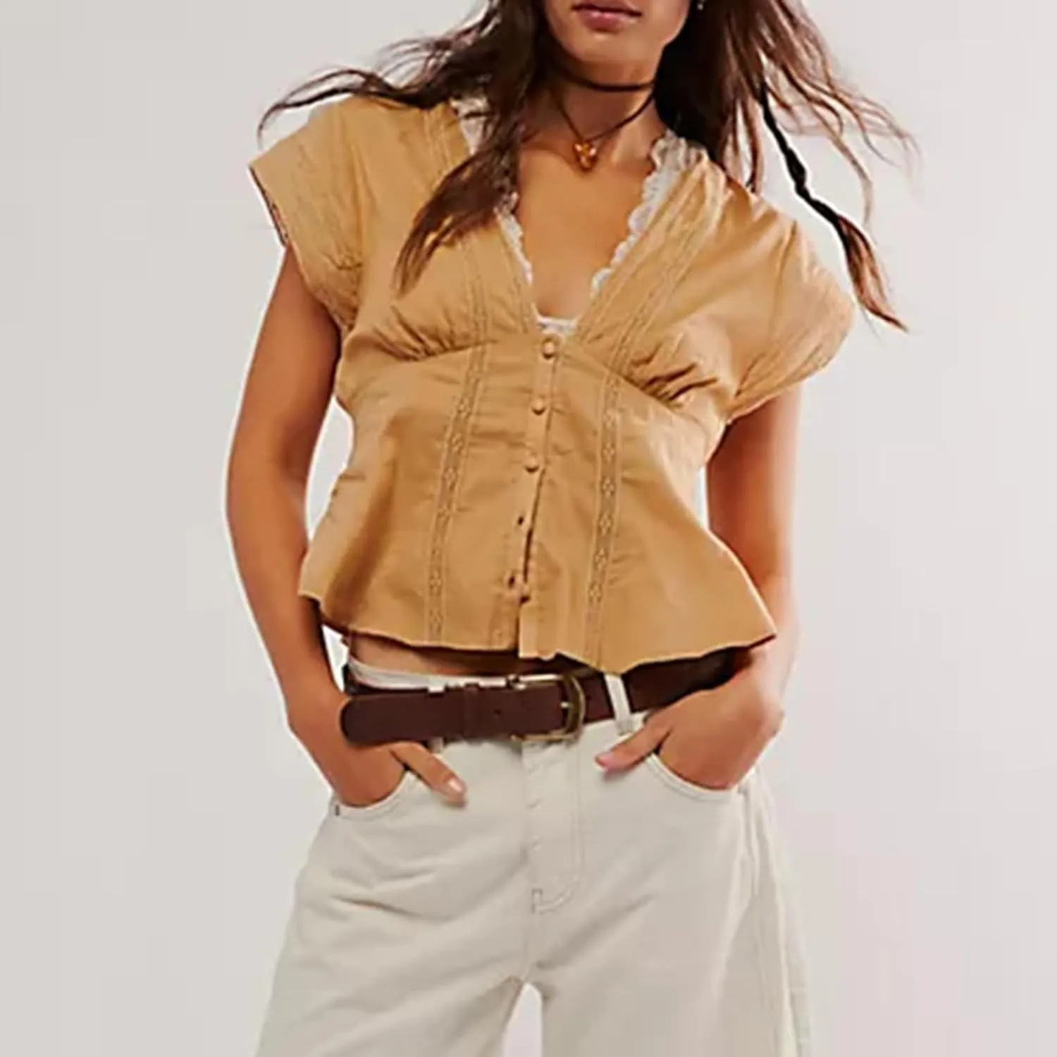 Y2k Button Down Shirts Women Slim Fit Short Sleeve Top Vintage Puff Sleeve Lapel Gingham Summer Going Out Blouse