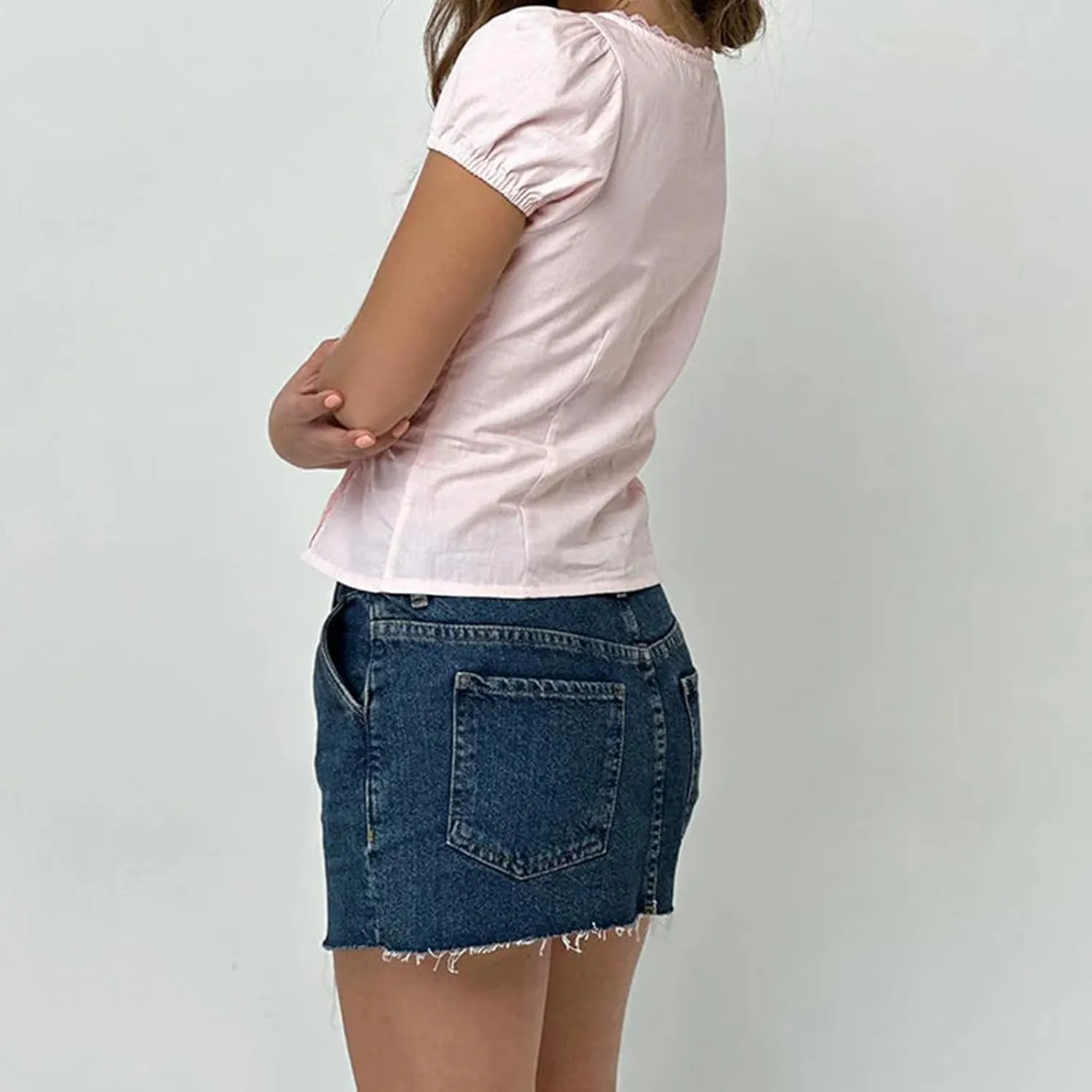Y2k Button Down Shirts Women Slim Fit Short Sleeve Top Vintage Puff Sleeve Lapel Gingham Summer Going Out Blouse