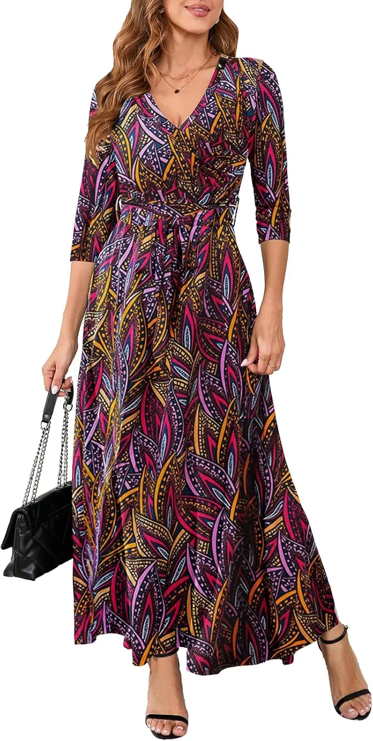 Yajedo Womens Casual Summer Maxi Dress Plus Size Sexy Warp V Neck 3/4 Sleeve Sundress with Poctets