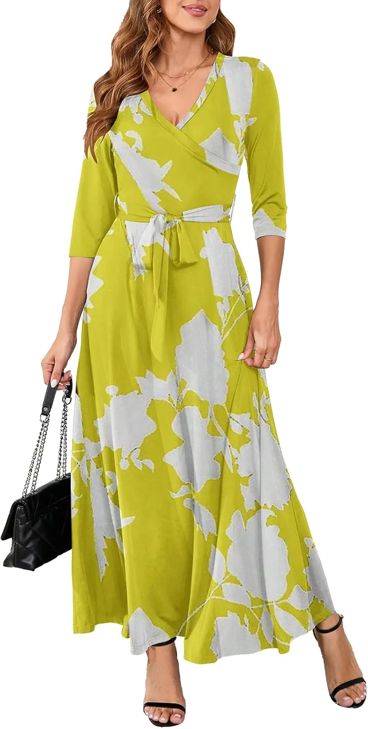 Yajedo Womens Casual Summer Maxi Dress Plus Size Sexy Warp V Neck 3/4 Sleeve Sundress with Poctets