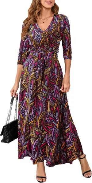Yajedo Womens Casual Summer Maxi Dress Plus Size Sexy Warp V Neck 3/4 Sleeve Sundress with Poctets
