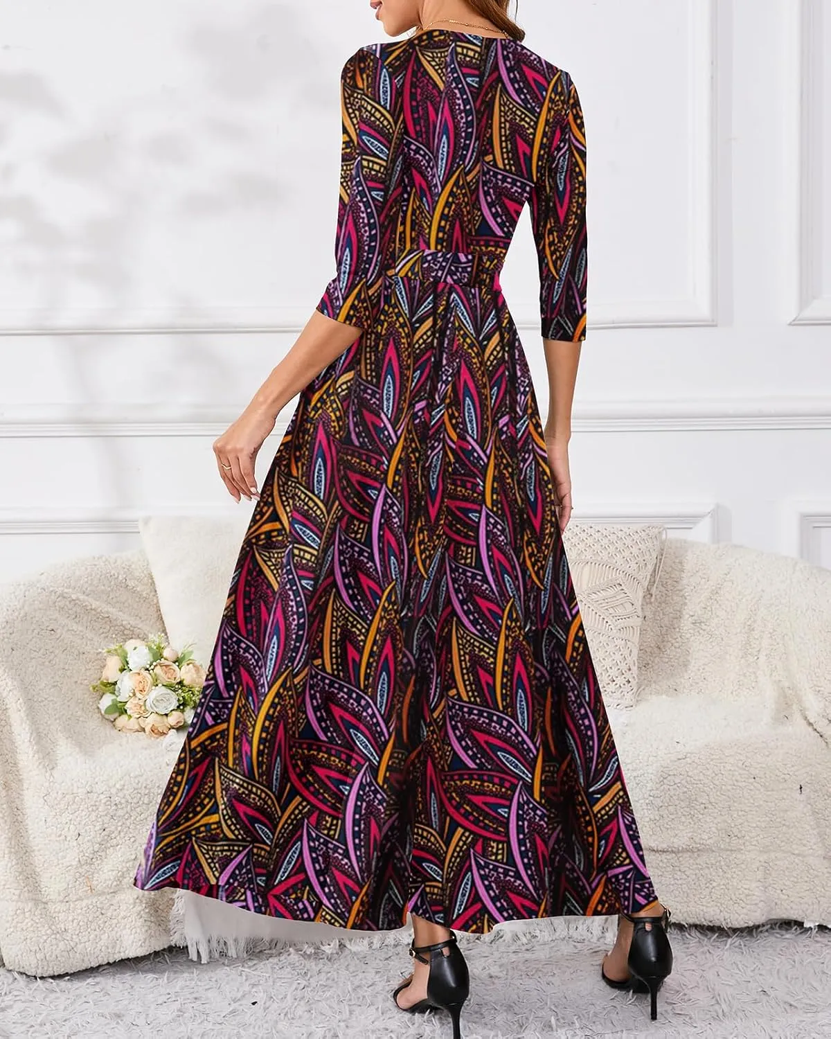 Yajedo Womens Casual Summer Maxi Dress Plus Size Sexy Warp V Neck 3/4 Sleeve Sundress with Poctets