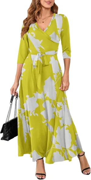 Yajedo Womens Casual Summer Maxi Dress Plus Size Sexy Warp V Neck 3/4 Sleeve Sundress with Poctets