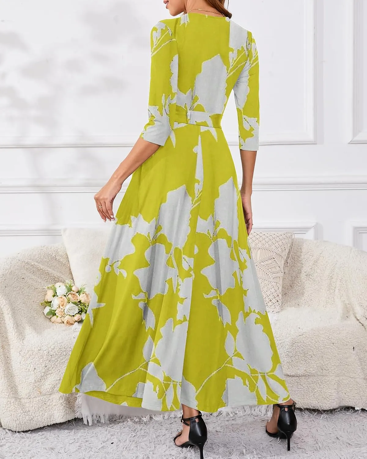 Yajedo Womens Casual Summer Maxi Dress Plus Size Sexy Warp V Neck 3/4 Sleeve Sundress with Poctets