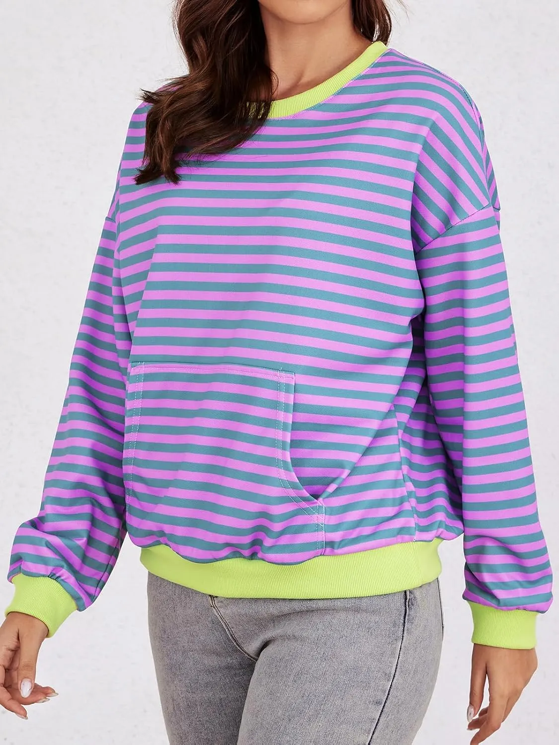 YATHON Womens Striped Sweatshirt Casual Long Sleeve Color Block Crew Neck Loose Pull Over Y2K Fall Tops with Pockets