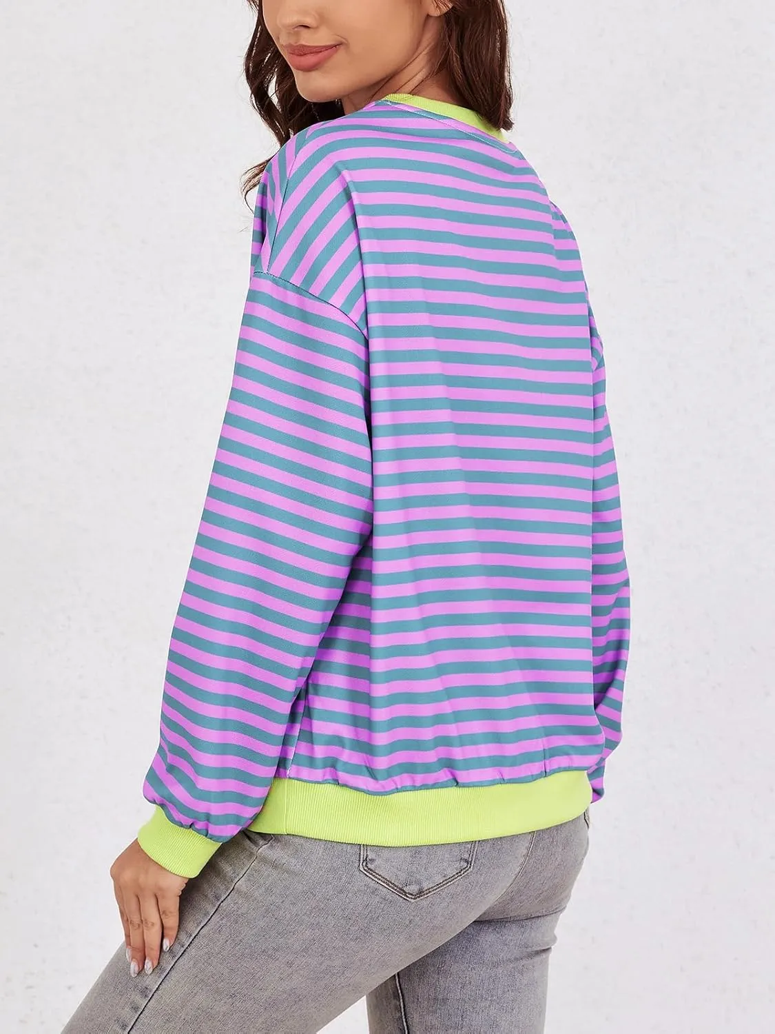 YATHON Womens Striped Sweatshirt Casual Long Sleeve Color Block Crew Neck Loose Pull Over Y2K Fall Tops with Pockets
