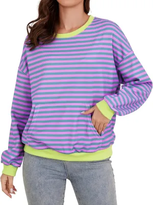 YATHON Womens Striped Sweatshirt Casual Long Sleeve Color Block Crew Neck Loose Pull Over Y2K Fall Tops with Pockets