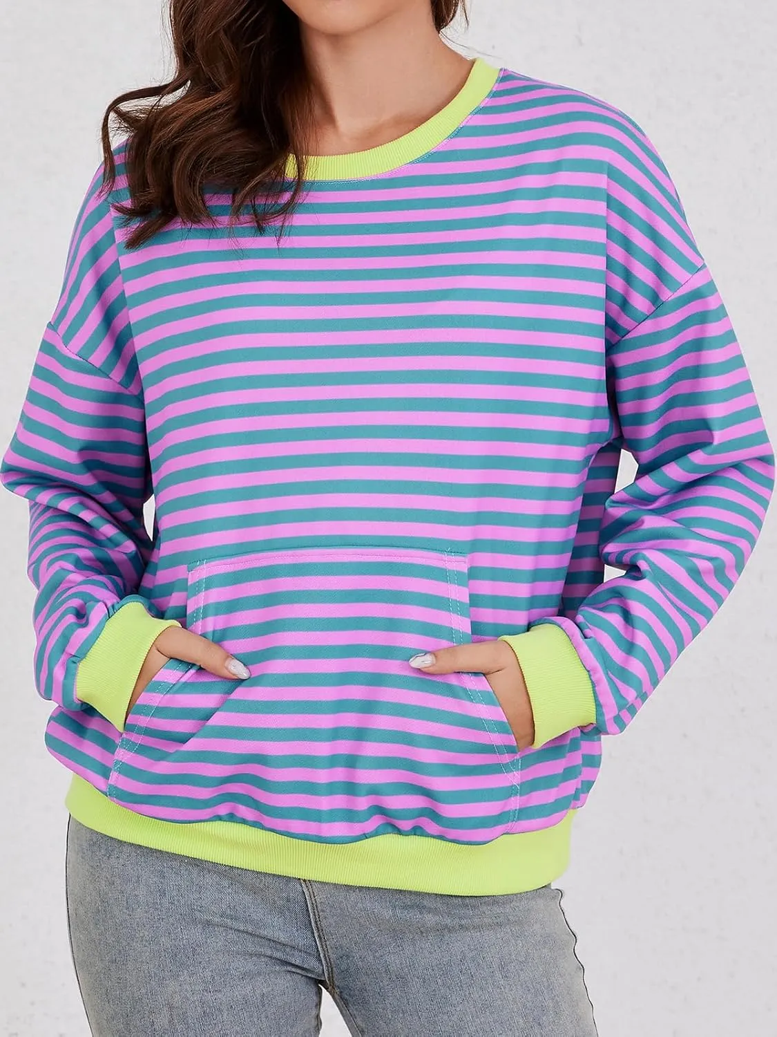 YATHON Womens Striped Sweatshirt Casual Long Sleeve Color Block Crew Neck Loose Pull Over Y2K Fall Tops with Pockets