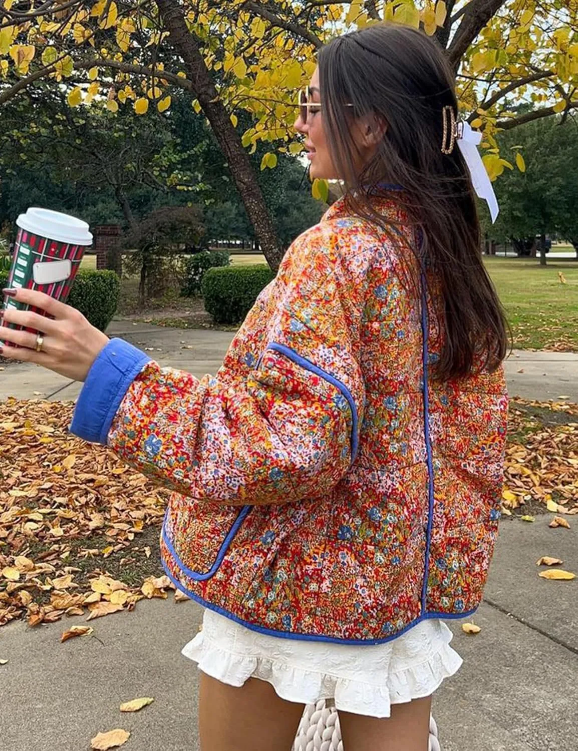 Yimoon Women's Cropped Puffer Quilted Jacket Vintage Floral Print Open Front Lightweight Short Jacket Outwear
