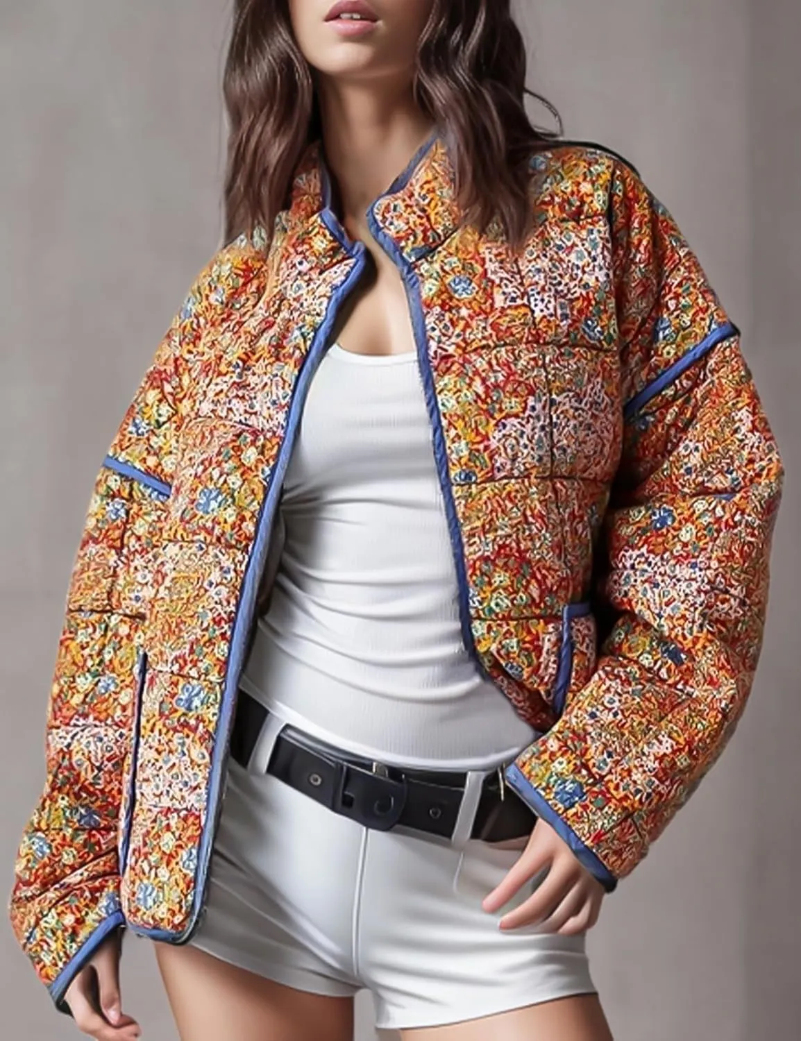 Yimoon Women's Cropped Puffer Quilted Jacket Vintage Floral Print Open Front Lightweight Short Jacket Outwear
