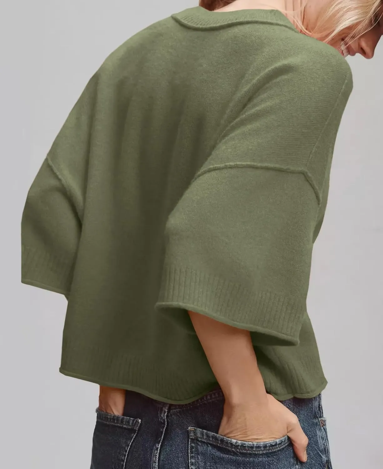 ZDC Women's Oversized Sweaters Summer 3/4 Sleeve Casual Cropped Tops Lightweight Loose Fit Knit Pullover