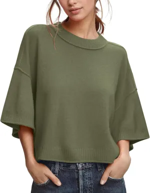 ZDC Women's Oversized Sweaters Summer 3/4 Sleeve Casual Cropped Tops Lightweight Loose Fit Knit Pullover