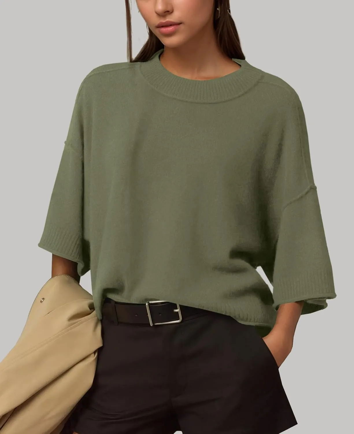 ZDC Women's Oversized Sweaters Summer 3/4 Sleeve Casual Cropped Tops Lightweight Loose Fit Knit Pullover