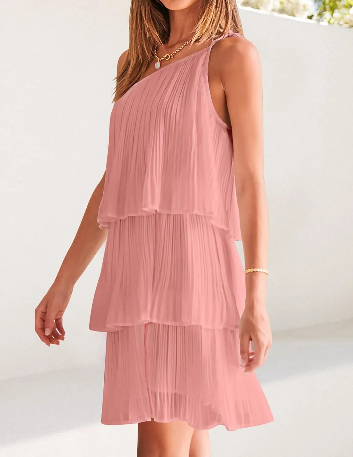 ZESICA Women's Boho Summer One Shoulder Sleeveless Ruffle Tiered Layered Chiffon Pleated A Line Flowy Mini Dress