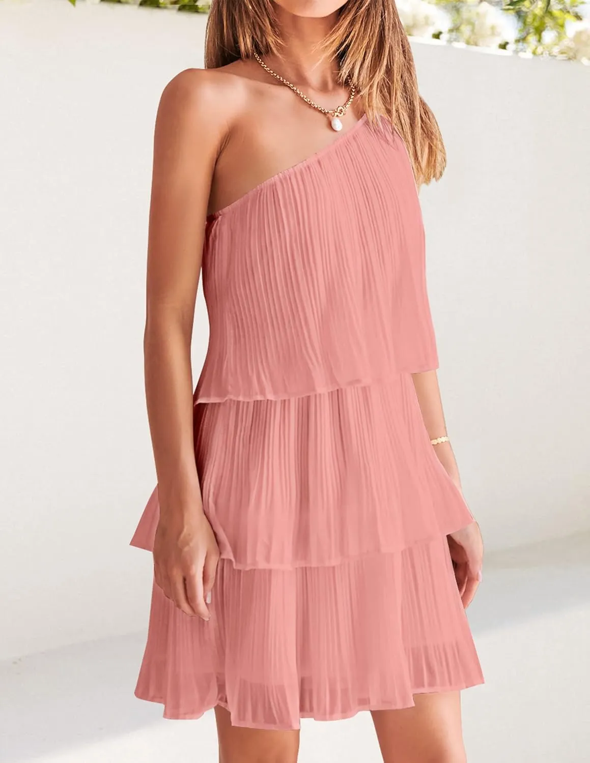 ZESICA Women's Boho Summer One Shoulder Sleeveless Ruffle Tiered Layered Chiffon Pleated A Line Flowy Mini Dress