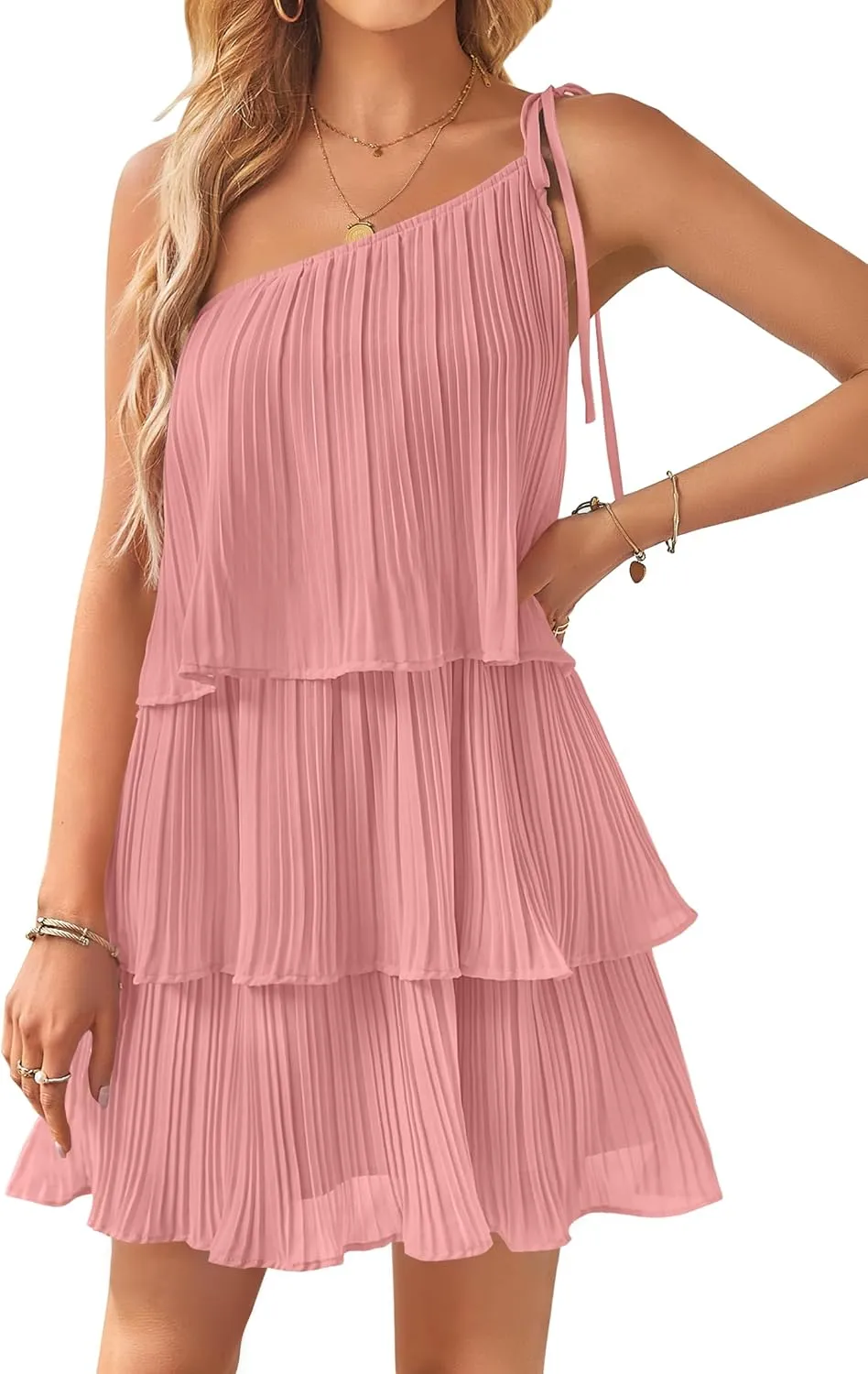 ZESICA Women's Boho Summer One Shoulder Sleeveless Ruffle Tiered Layered Chiffon Pleated A Line Flowy Mini Dress