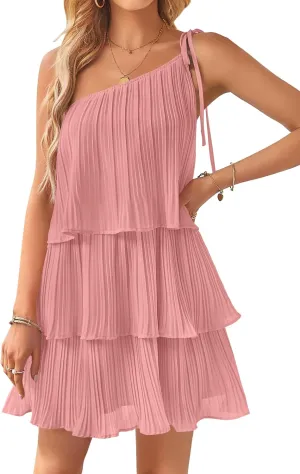 ZESICA Women's Boho Summer One Shoulder Sleeveless Ruffle Tiered Layered Chiffon Pleated A Line Flowy Mini Dress