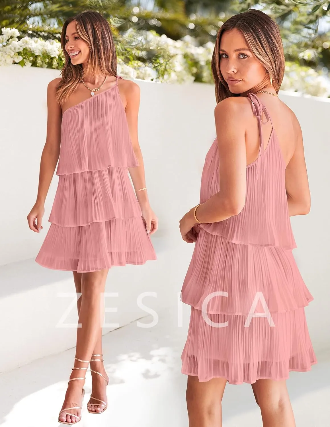 ZESICA Women's Boho Summer One Shoulder Sleeveless Ruffle Tiered Layered Chiffon Pleated A Line Flowy Mini Dress